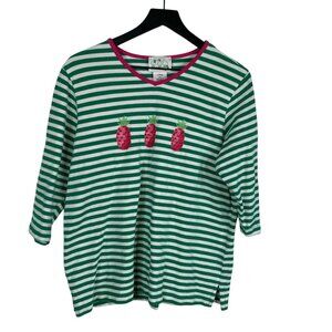 Quacker Factory Top Women's Multicolor Sz L Pineapple Stripe Beaded 3/4 Sleeves